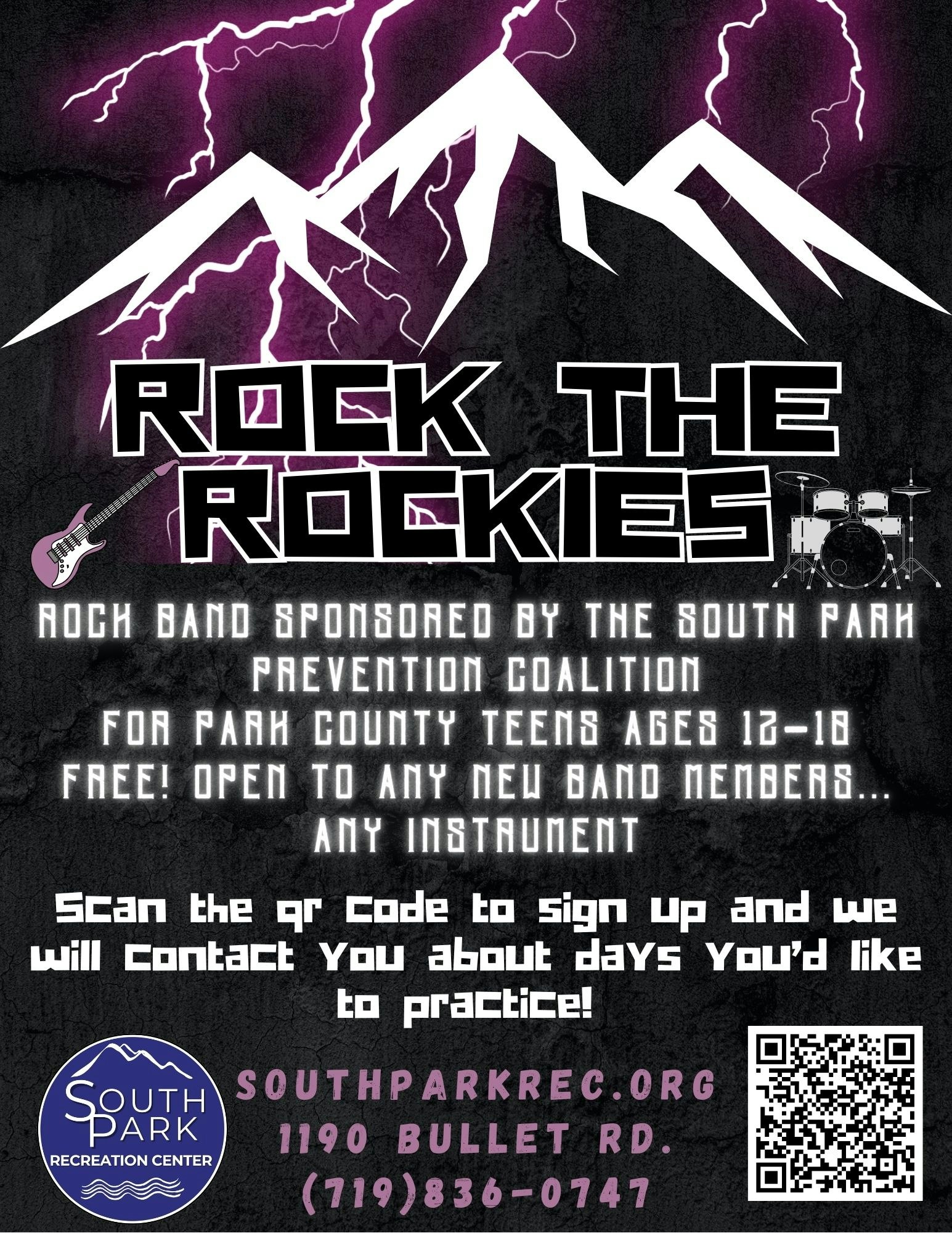 "Rock the Rockies" event for Park County teens (12-18) to join a rock band. Free sign-up through QR code for practice info!