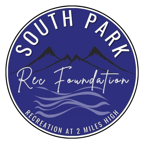 A circular logo for the South Park Recreation Foundation, featuring mountains and waves, with text about recreation at high altitude.