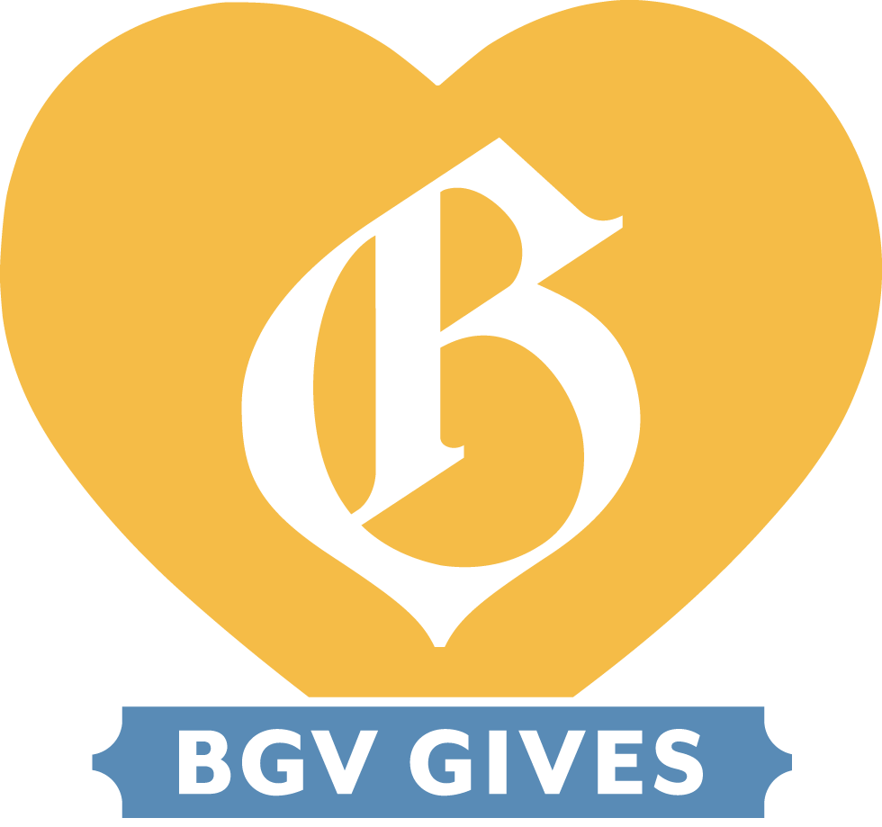 A yellow heart with a stylized "B" inside and a label below reading "BGV Gives".