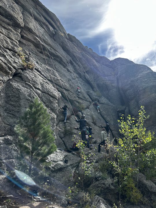 People rock climbing on a large rock face with ropes, surrounded by trees and sunlight.