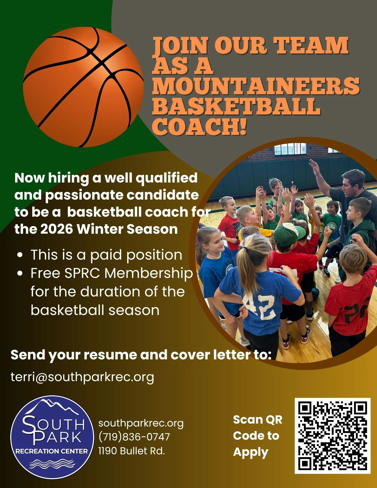 Hiring basketball coaches for the 2026 Winter Season at South Park. Paid position + free SPRC membership. Apply via email!