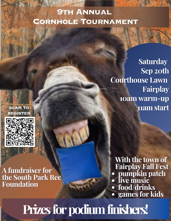 Join the 9th Annual Cornhole Tournament on Sep 20 in Fairplay! Fundraiser for South Park Rec. Fun activities and prizes await!