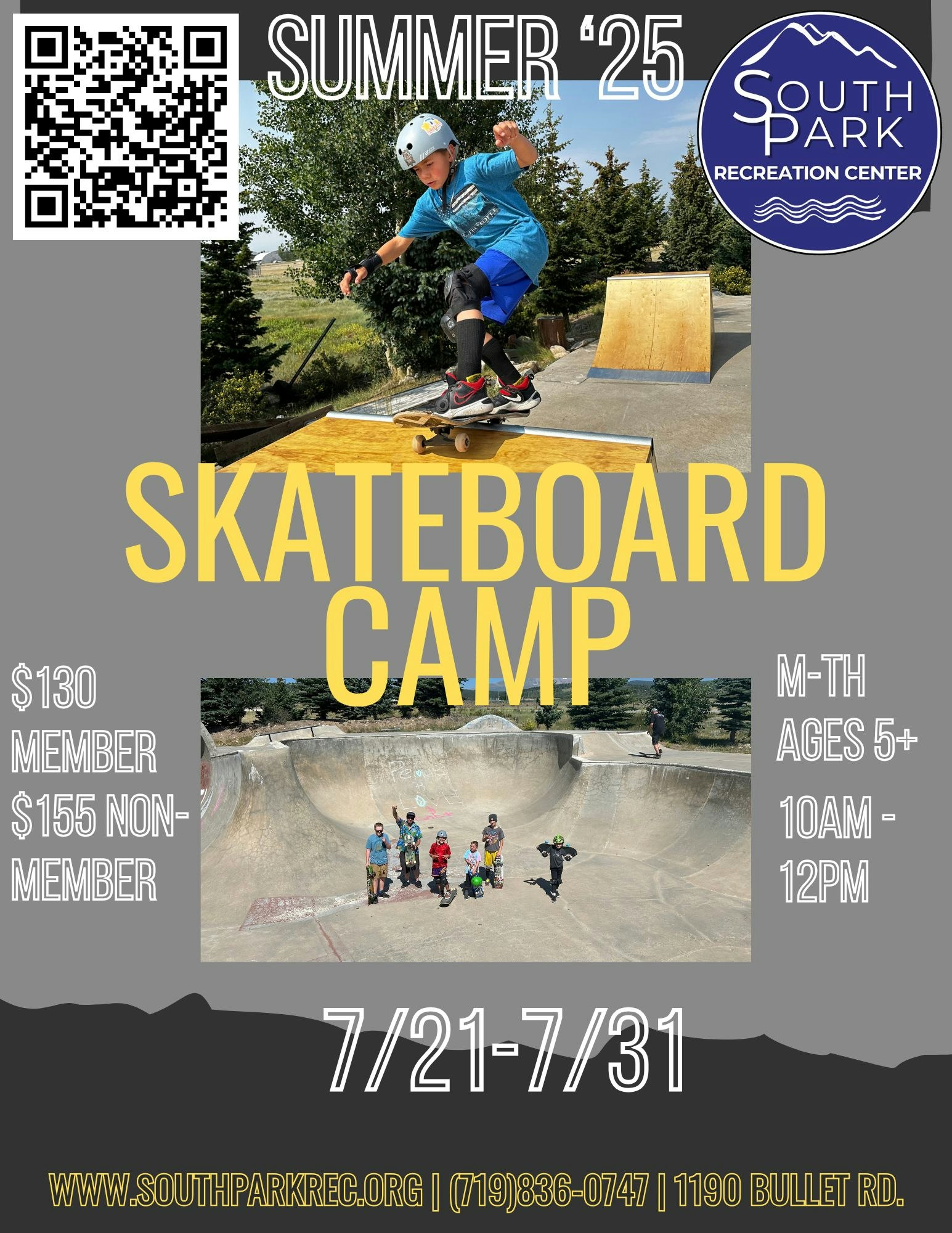 Summer '25 Skateboard Camp, July 21-31, ages 5+, $130/$155, M-Th 10AM-12PM, South Park Rec Center.