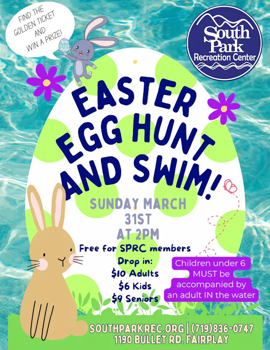 An Easter Egg Hunt and Swim event flyer featuring a bunny, egg, and pool imagery with date, time, and pricing details.