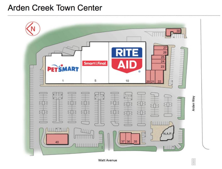 Map of Arden Creek Town Center showing shops like PetSmart, Rite Aid, and Smart & Final, with parking layout and street names.