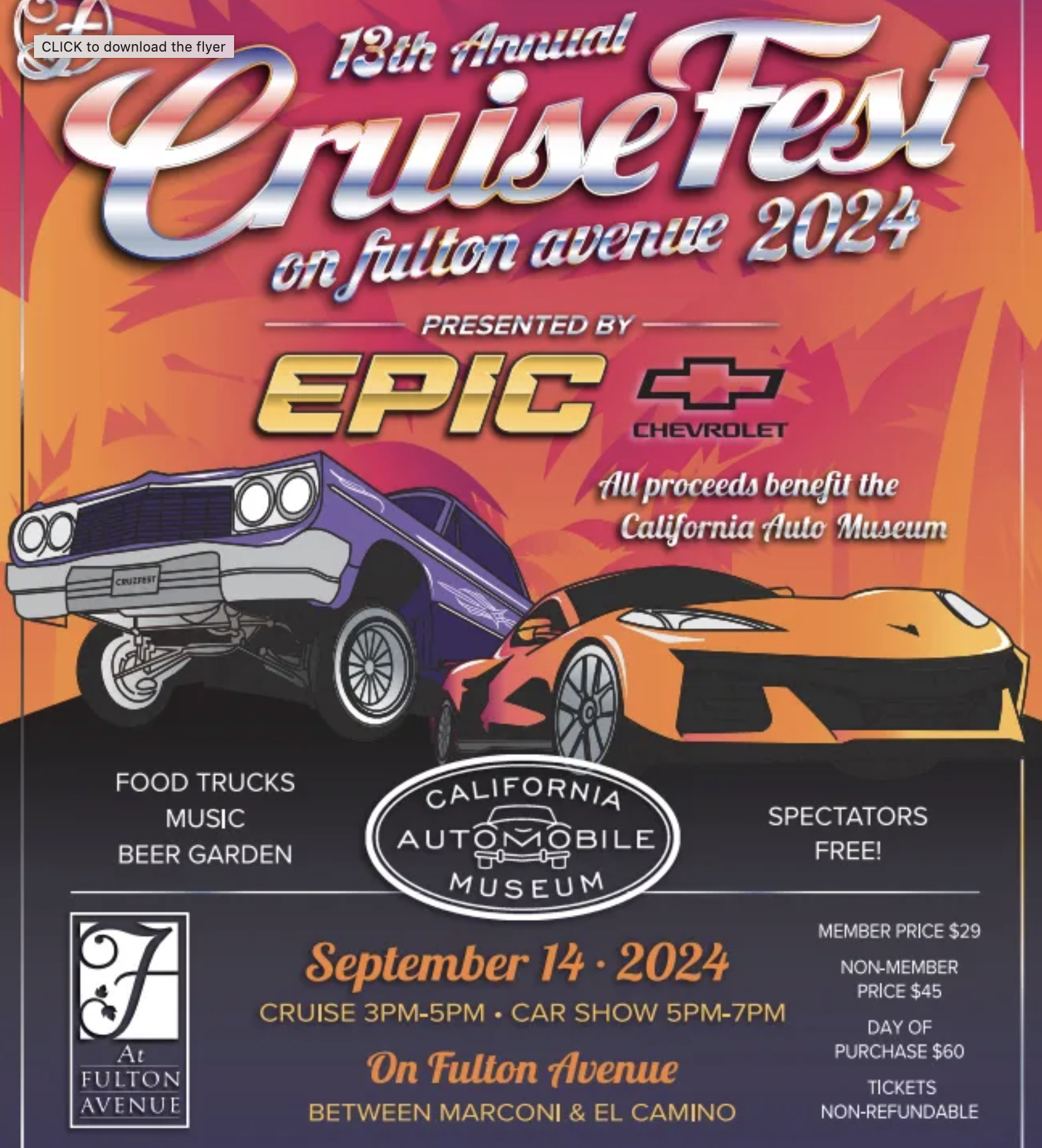 A flyer for the "13th Annual CruiseFest on Fulton Avenue 2024," with cars, event details, and sponsor logos.