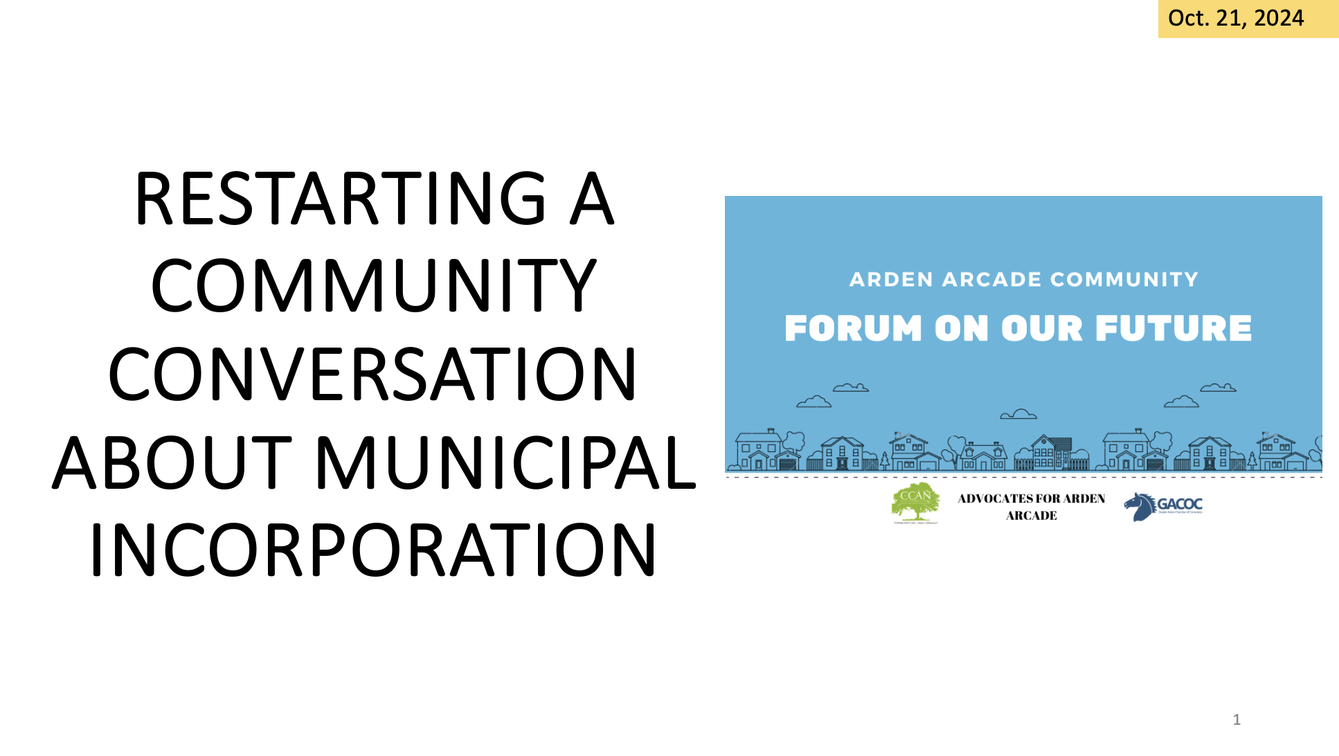 A presentation slide about restarting a community conversation on municipal incorporation titled "Forum on Our Future."