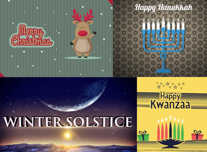 The image celebrates various winter holidays: Christmas, Hanukkah, Winter Solstice, and Kwanzaa, featuring festive designs.