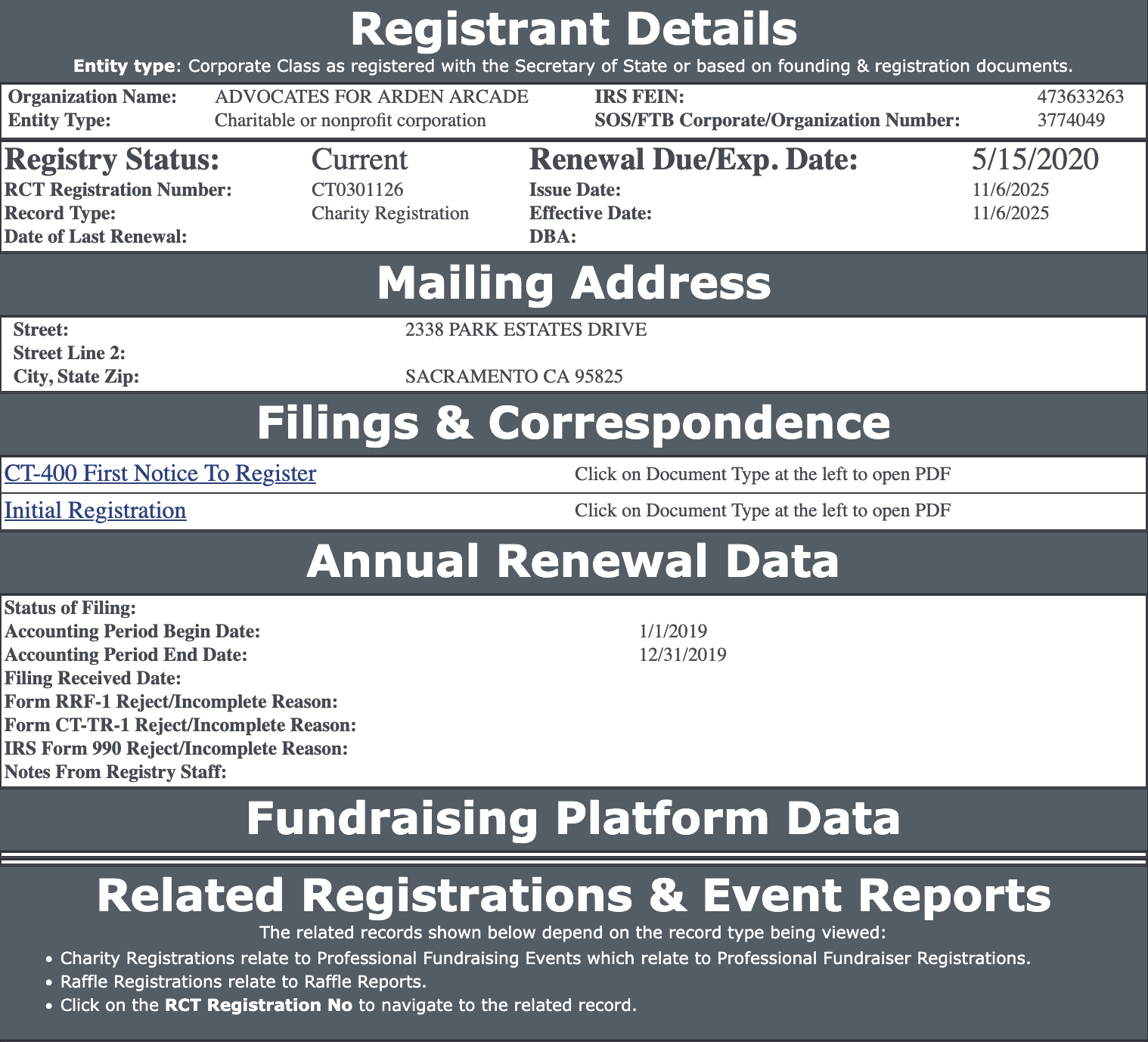 Charitable registration details for "Advocates for Arden Arcade" in Sacramento, with renewal and filing info.