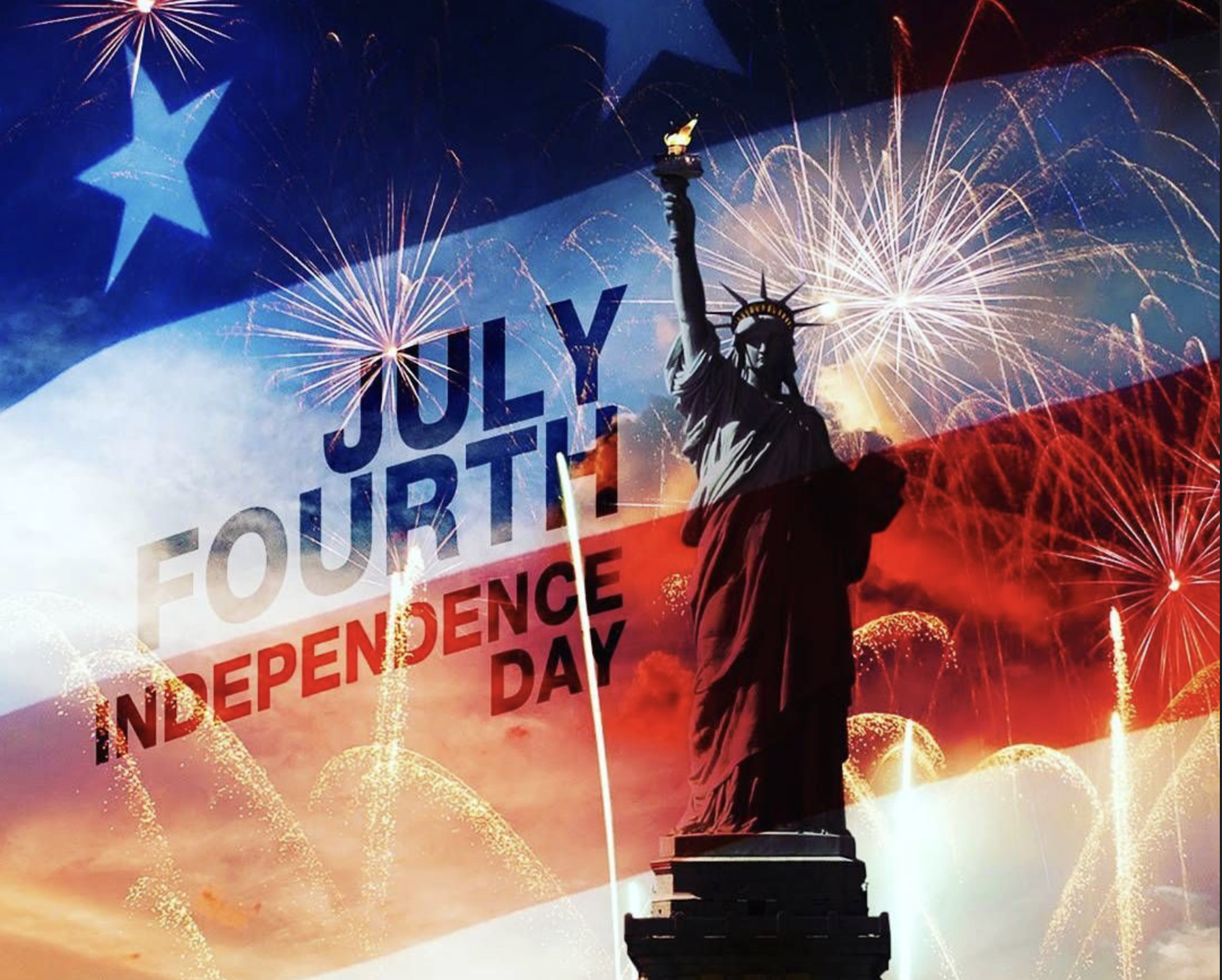 A festive image celebrating July Fourth, featuring the Statue of Liberty, fireworks, and American flag colors.