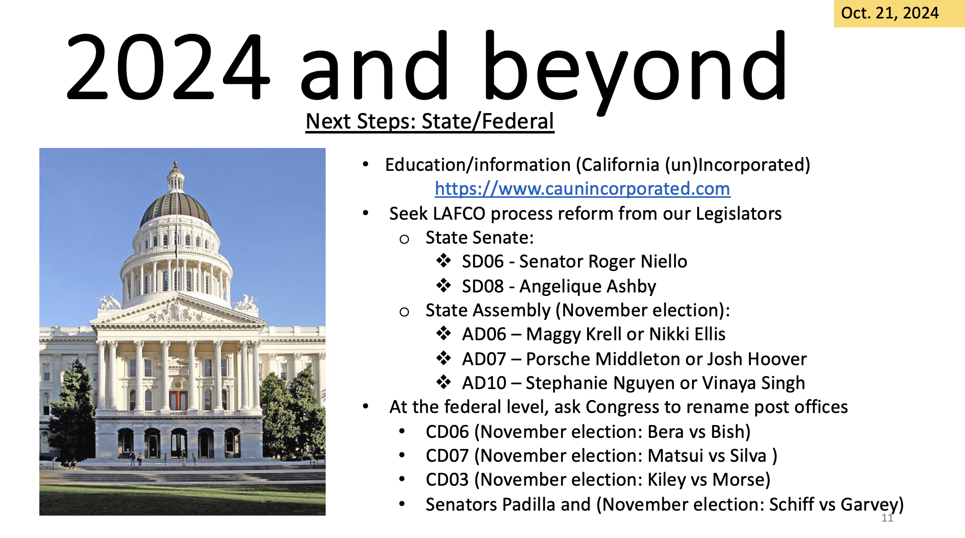 Slide titled "2024 and beyond" with political plans for education and LAFCO process reform in California, listing state and federal election candidates.