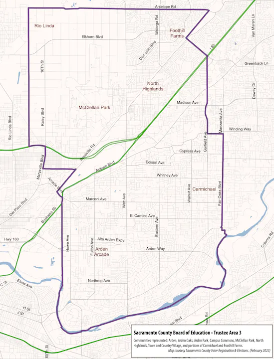 Map of Sacramento County Trustee Area 3, showing communities like Arden, McClellan Park, and North Highlands, with highlighted borders.
