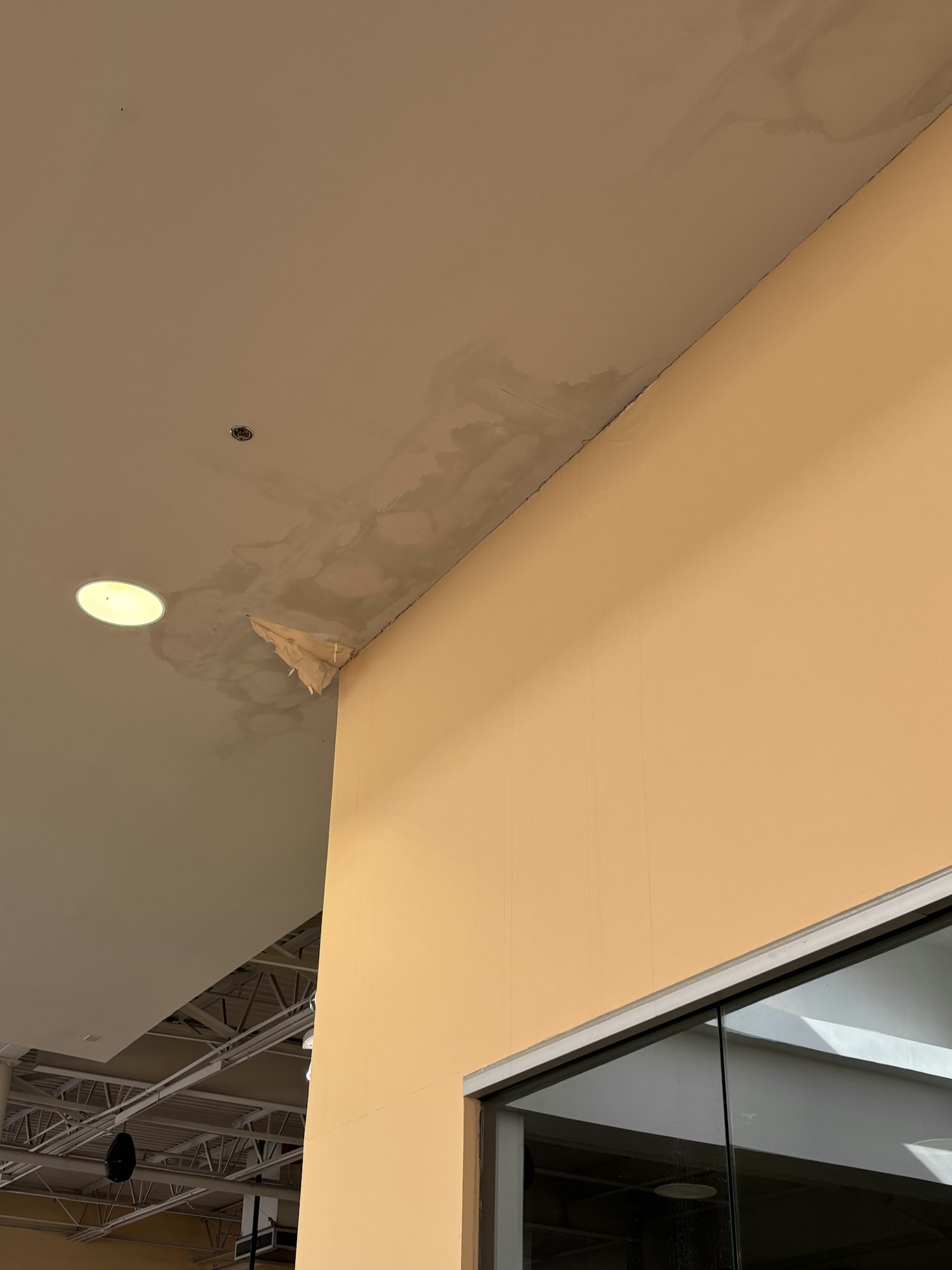 Water-damaged ceiling in northern hall