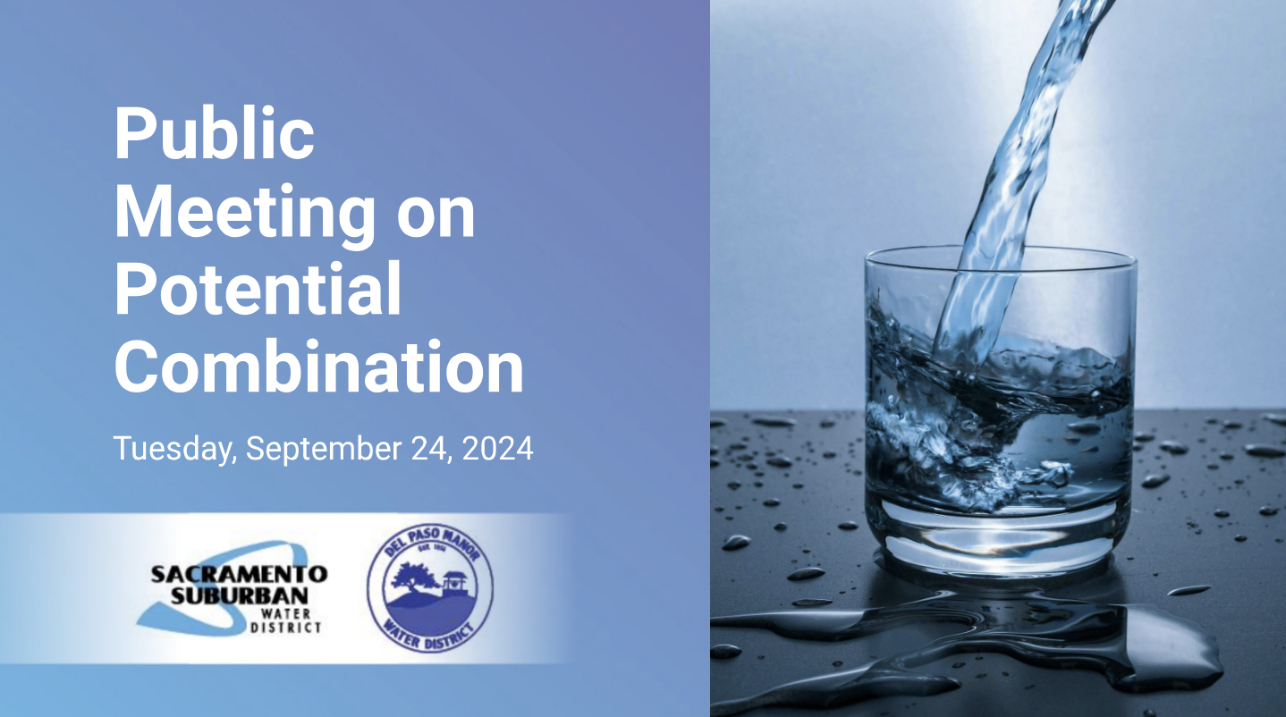 An announcement for a public meeting on potential water district combination with a pouring water glass visual.