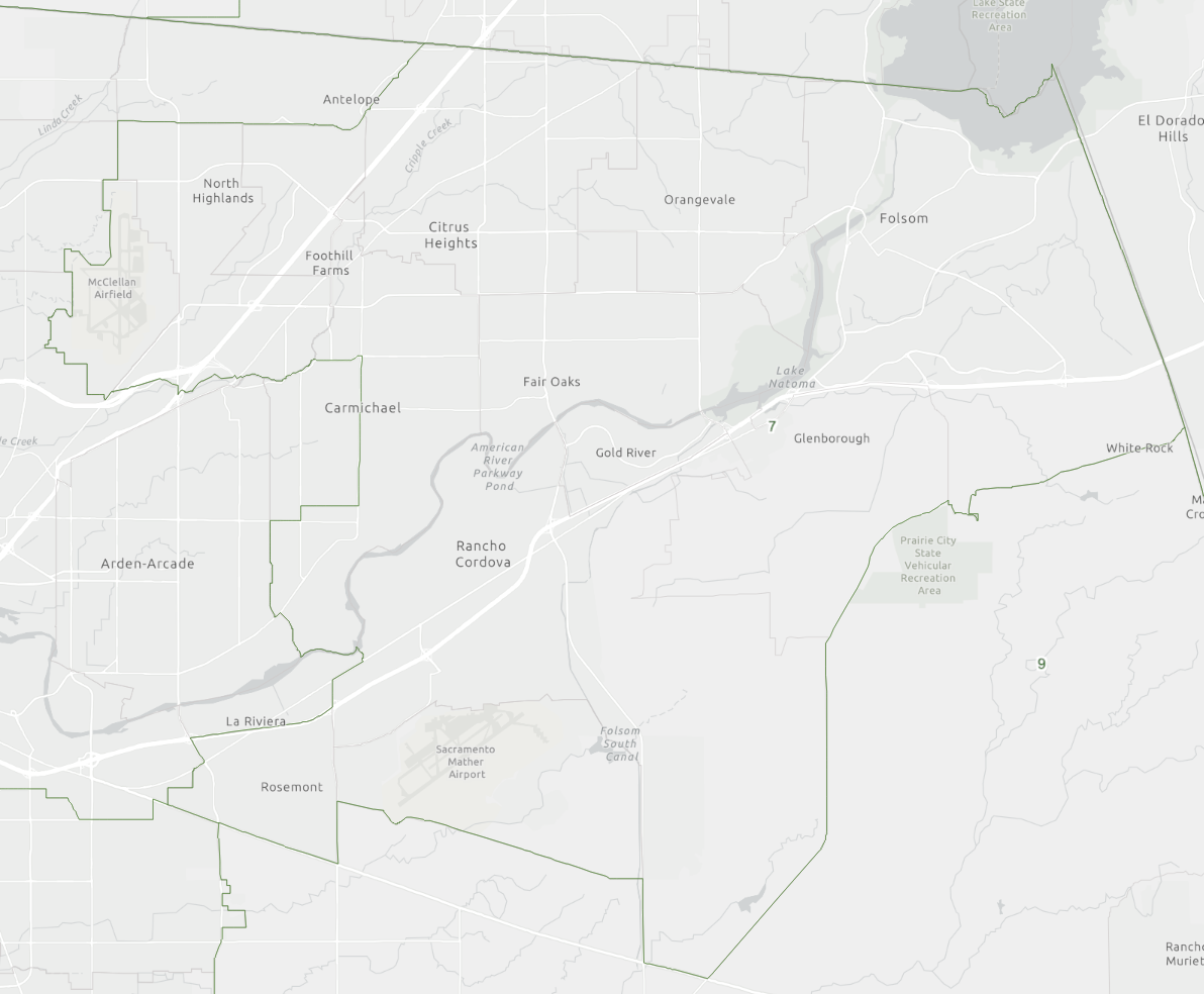 The image is a map of the unincorporated communities and cities in Assembly District 07, all of which are in Sacramento County