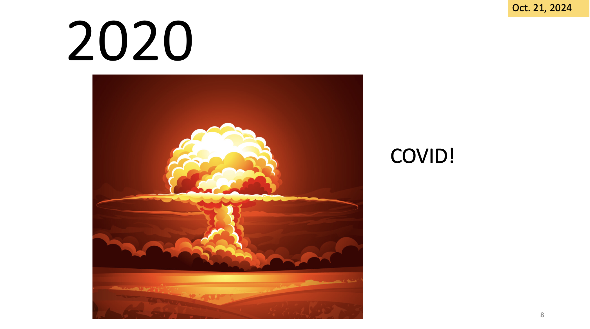 An illustration of a mushroom cloud with "2020" and "COVID!" text, possibly symbolizing the impact of COVID-19 that year.