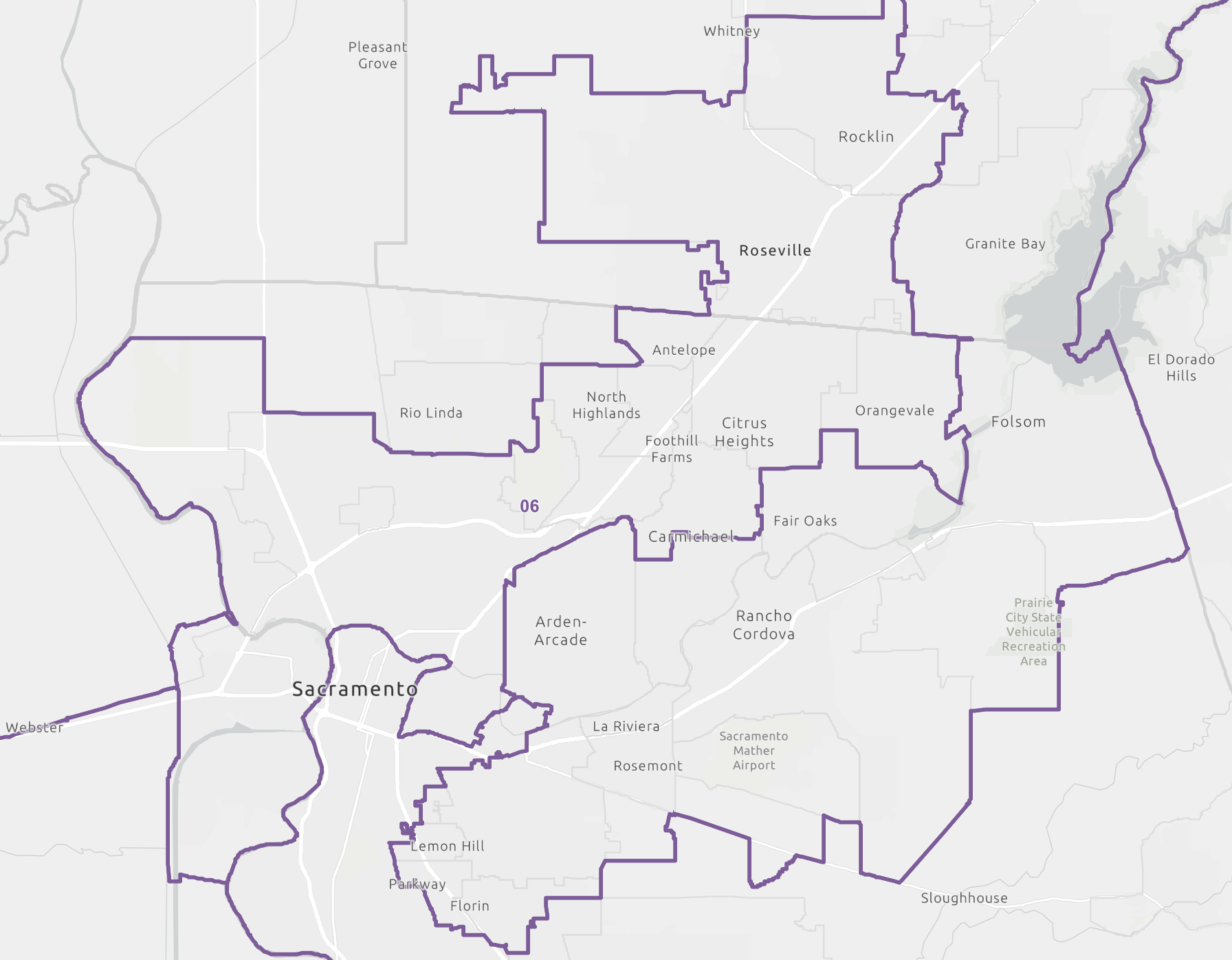 Map showing Sacramento region with district boundaries outlined in purple, including Sacramento, Roseville, and Rancho Cordova.