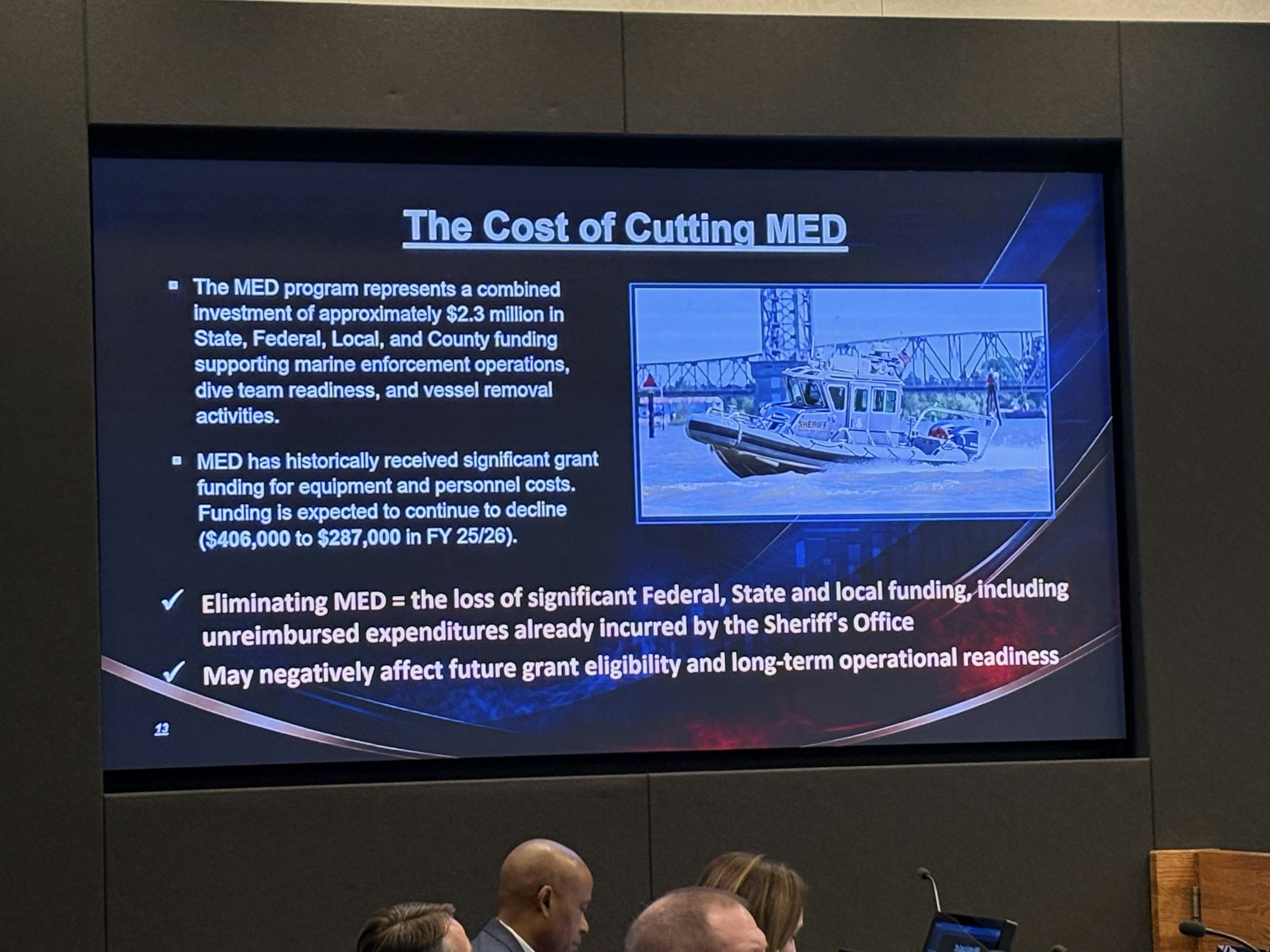 The slide discusses the financial implications of cutting the marine enforcement and dive team program (MED) funding, totaling $2.3 million.
