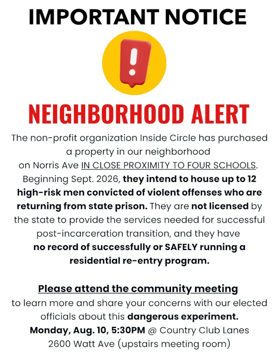 Neighborhood alert about Inside Circle housing high-risk men near schools starting Sept. 2026. Community meeting on Aug. 10.