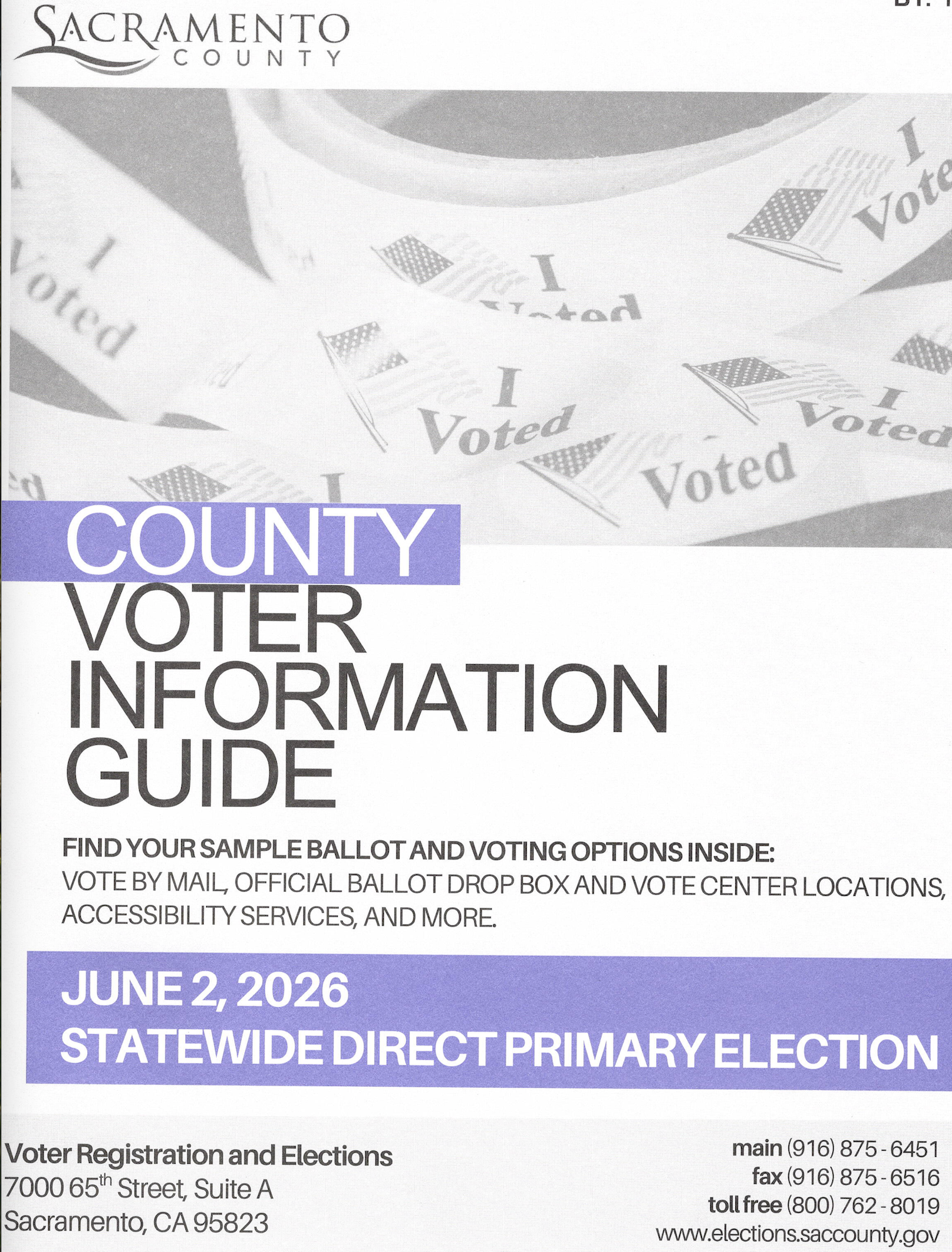 A voter information guide for Sacramento County, detailing voting options for the June 2, 2026, primary election.
