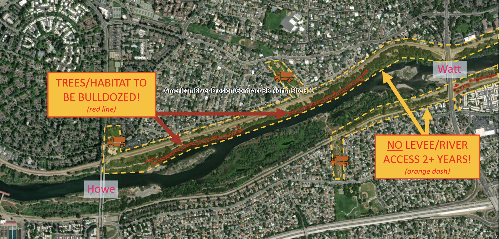 Map showing areas of tree removal and restricted access for a river erosion project between Howe and Watt.
