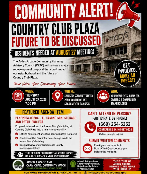 Community meeting on August 27 to discuss the redevelopment of Country Club Plaza, including a mini-storage project.