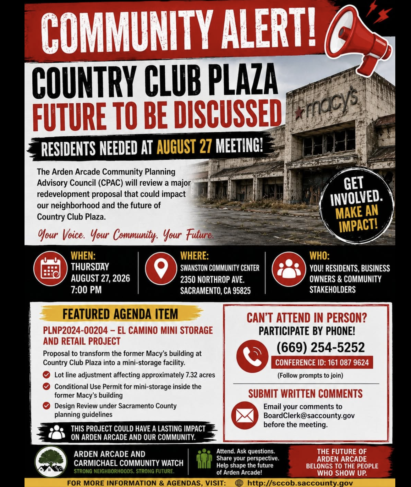 Community meeting on August 27 to discuss the redevelopment of Country Club Plaza, including a mini-storage project.