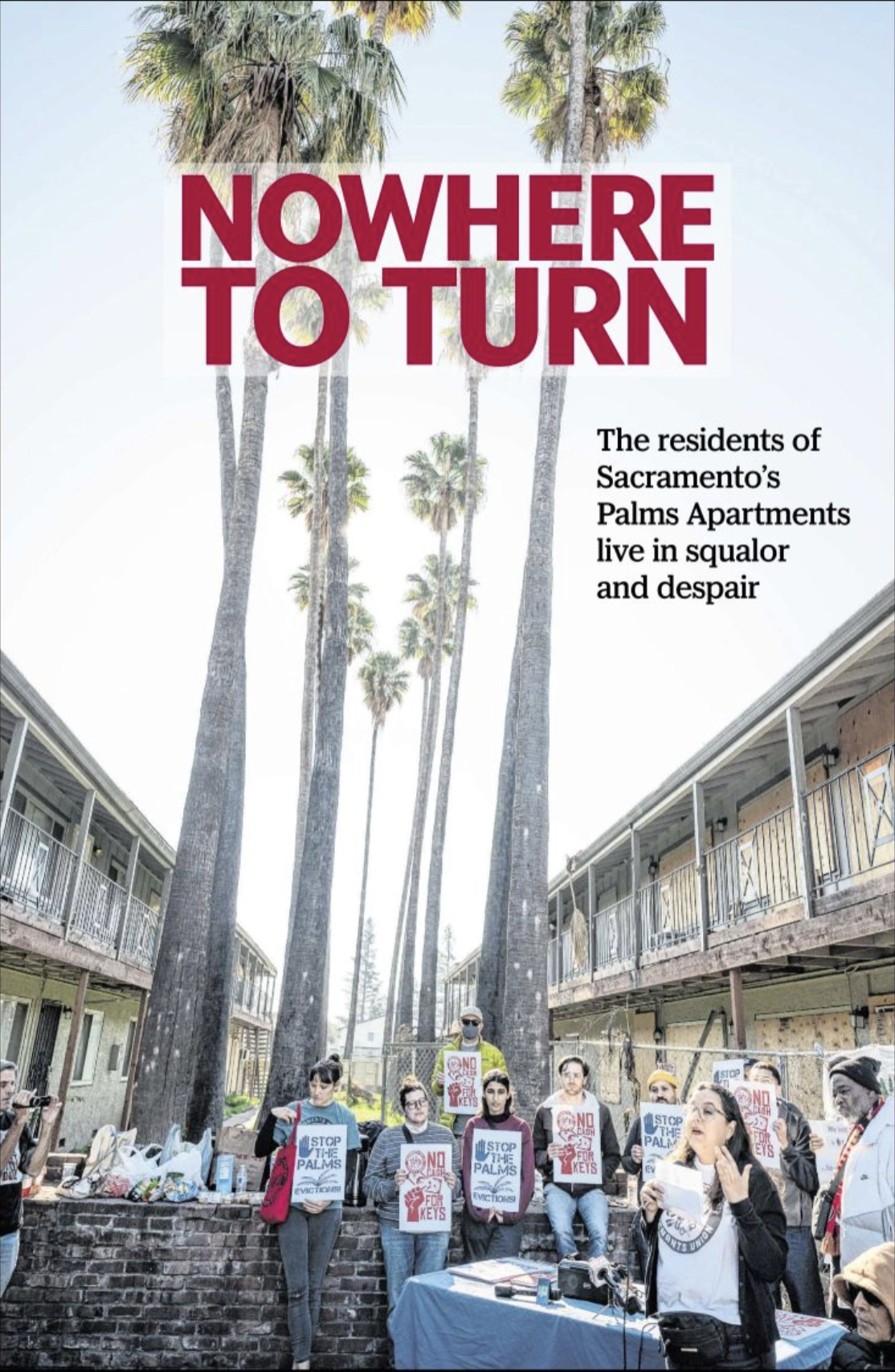 Protest at Sacramento’s Palms Apartments; residents hold signs against evictions.