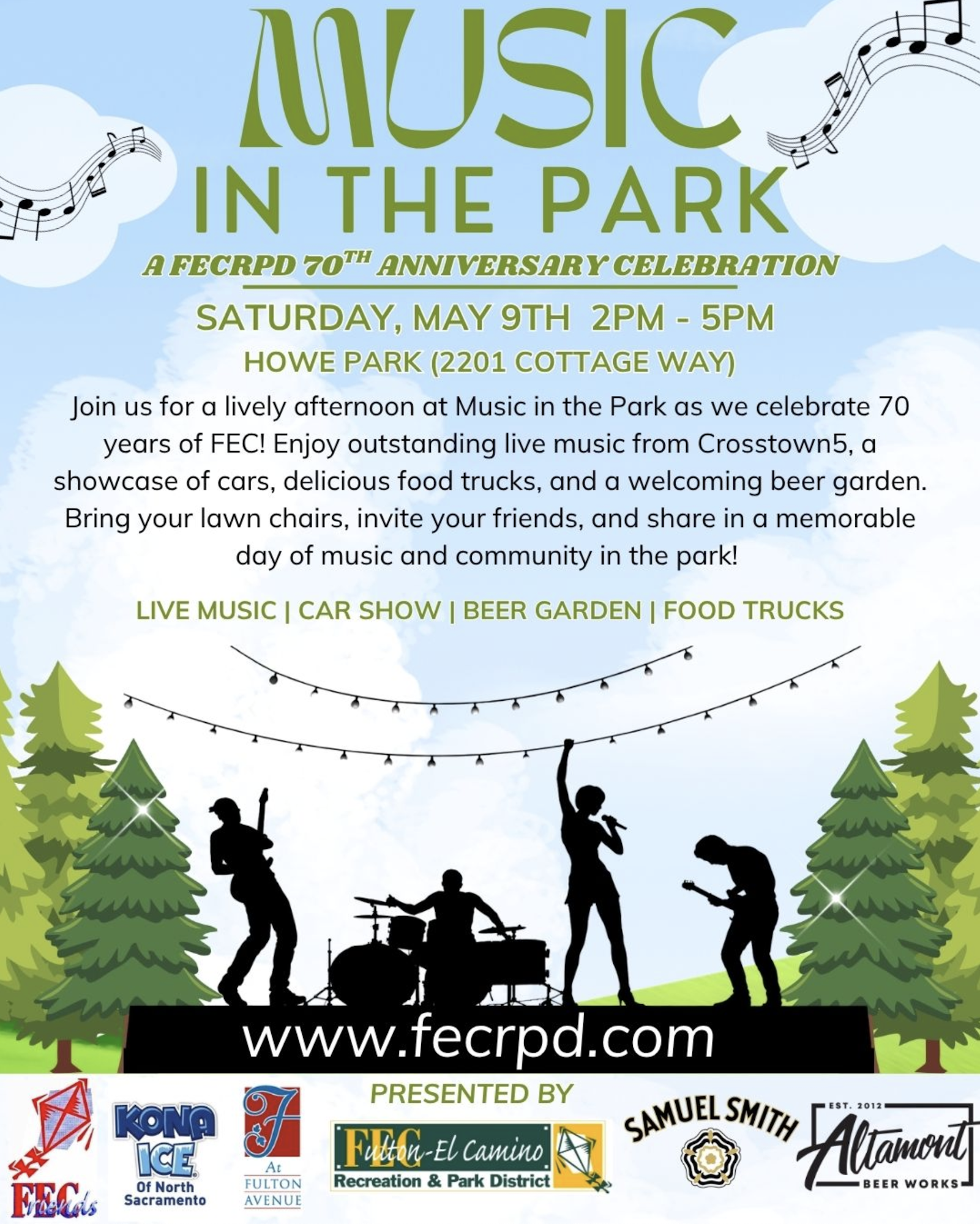 Event: Music in the Park on May 9th, 2-5 PM at Howe Park. Enjoy live music, food trucks, a car show, and a beer garden!