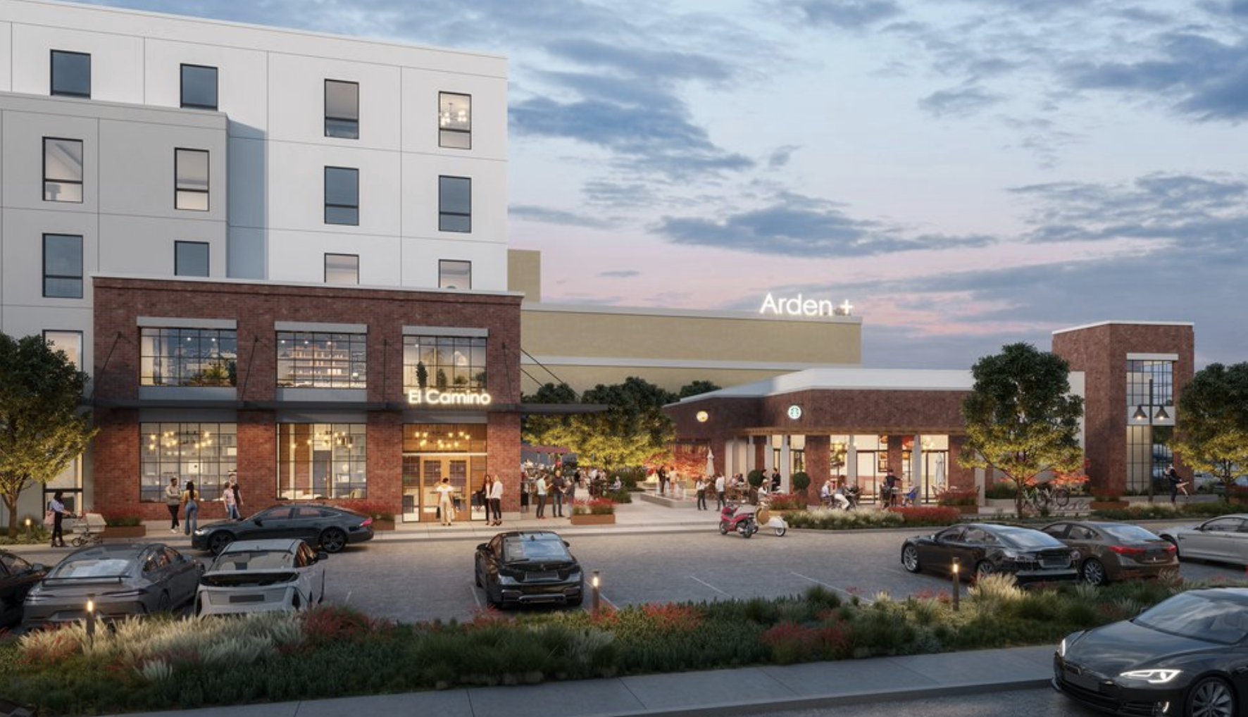 Artist rendering of Country Club Plaza with a 5-story hotel north of the Macy's building along with shops and cars parked in front with lots of people standing and walking.
