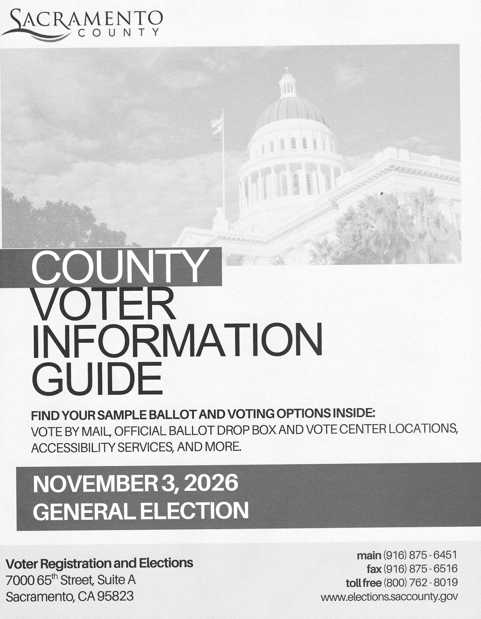Sacramento County's Voter Information Guide for the November 3, 2026 election, detailing voting options and resources.