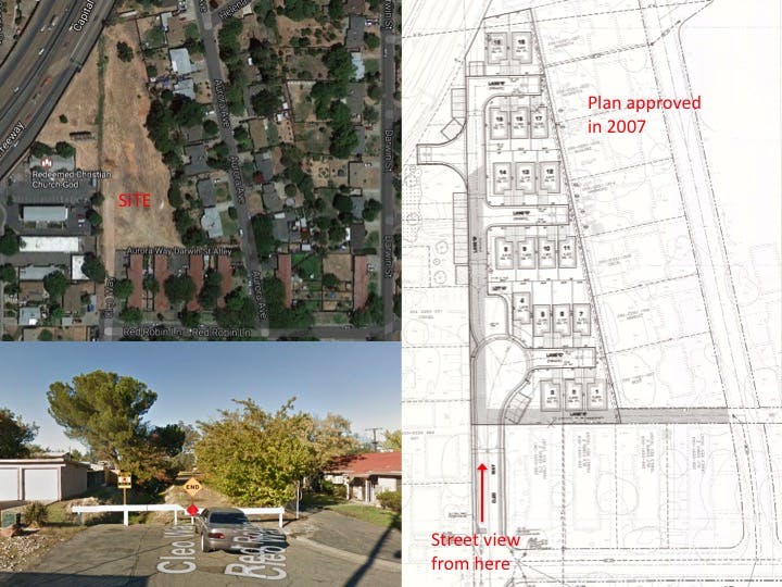 The image shows a site plan approved in 2007, an aerial view of the area, and a street view of the location.