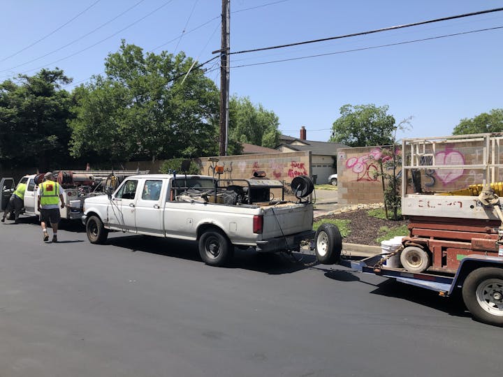 trucks, road, person