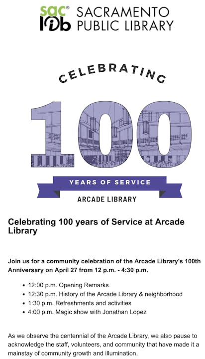 An invitation to celebrate 100 years of the Arcade Library with event details.