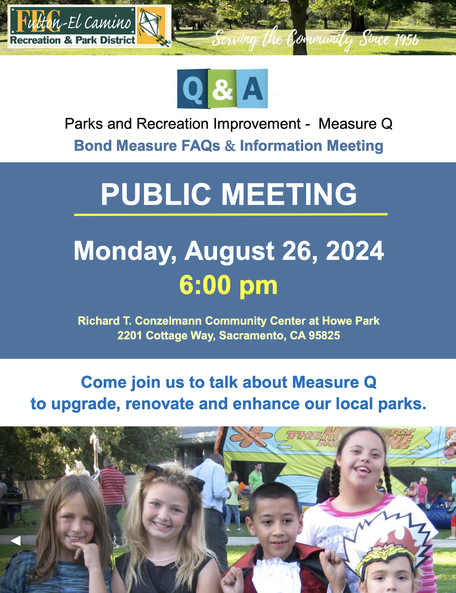 An announcement for a public meeting about parks improvement in Sacramento with a photo of smiling children.