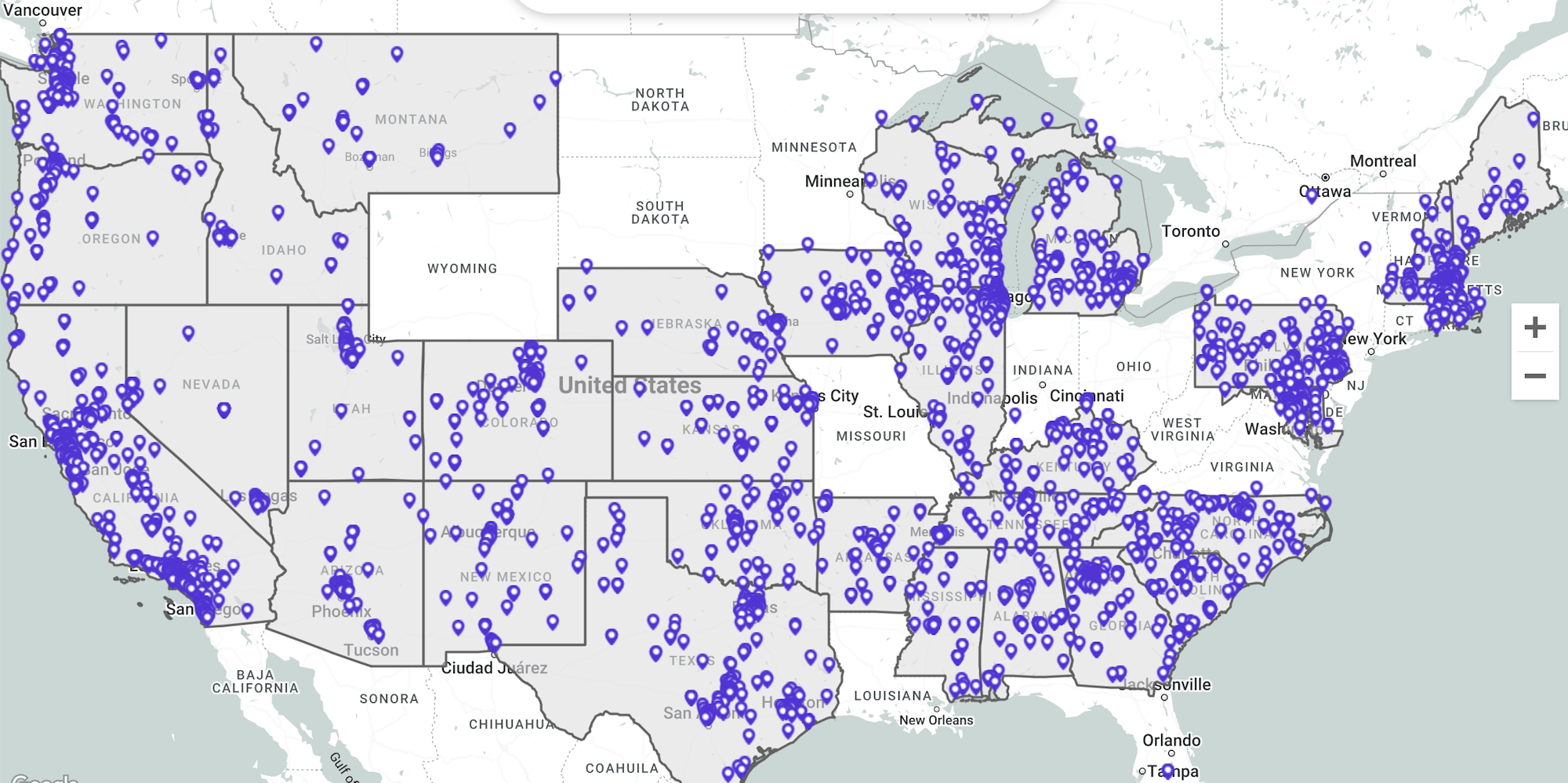 A map of the United States with many blue dots, likely representing data points such as locations or events across the country.