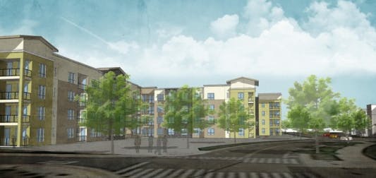 The image depicts an architectural rendering of a modern multi-story building surrounded by greenery and a road.