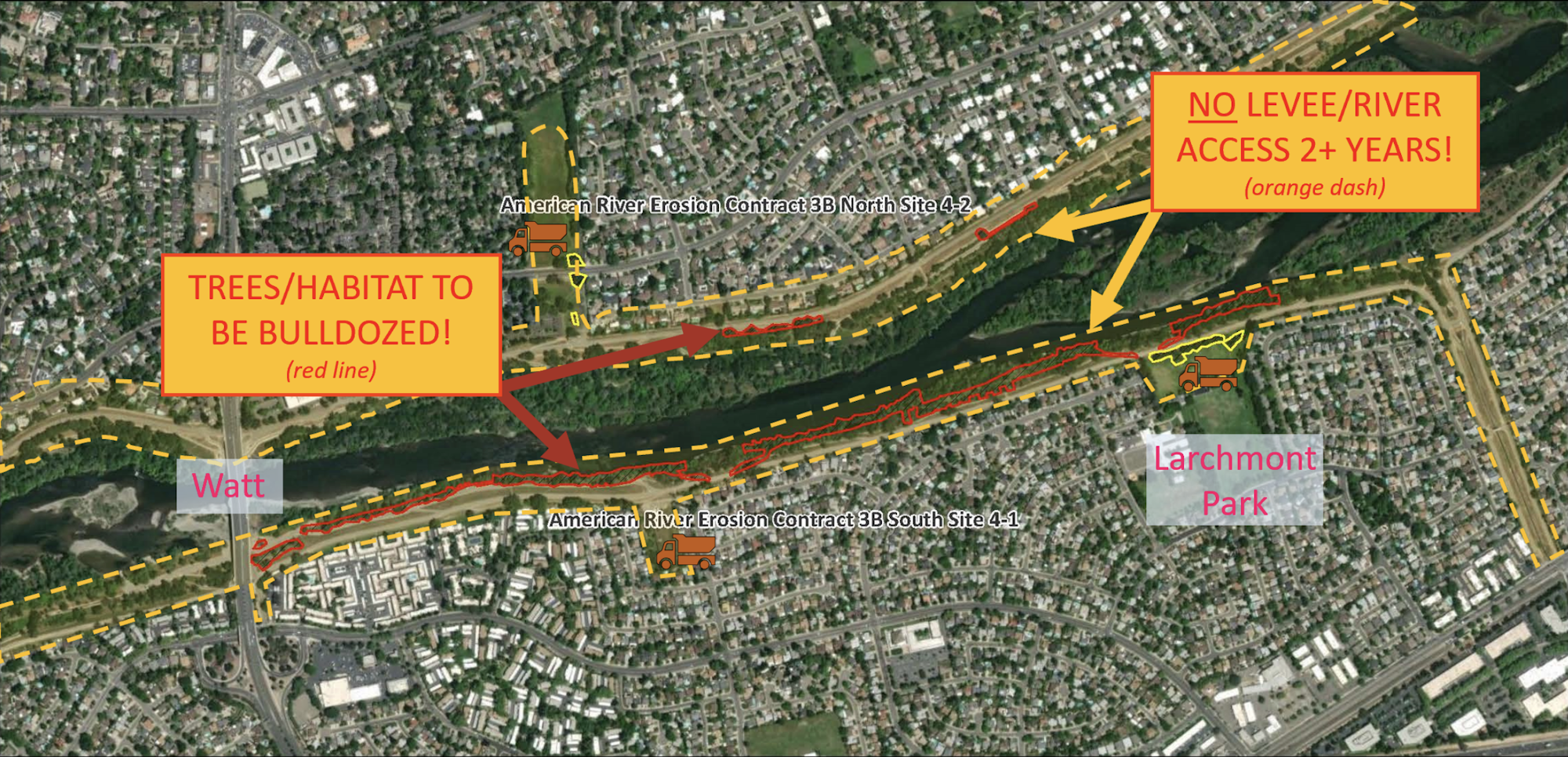 Map showing planned bulldozing of trees/habitat near American River, disrupting levee/river access for 2+ years.