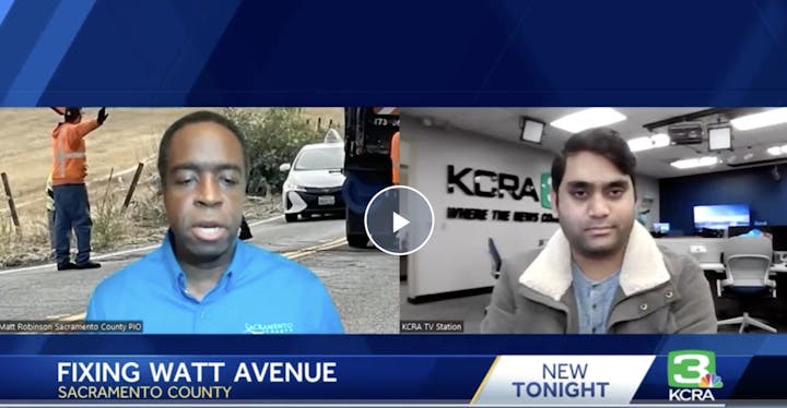 The image shows a news segment about fixing Watt Avenue in Sacramento County, featuring a discussion with reporters.