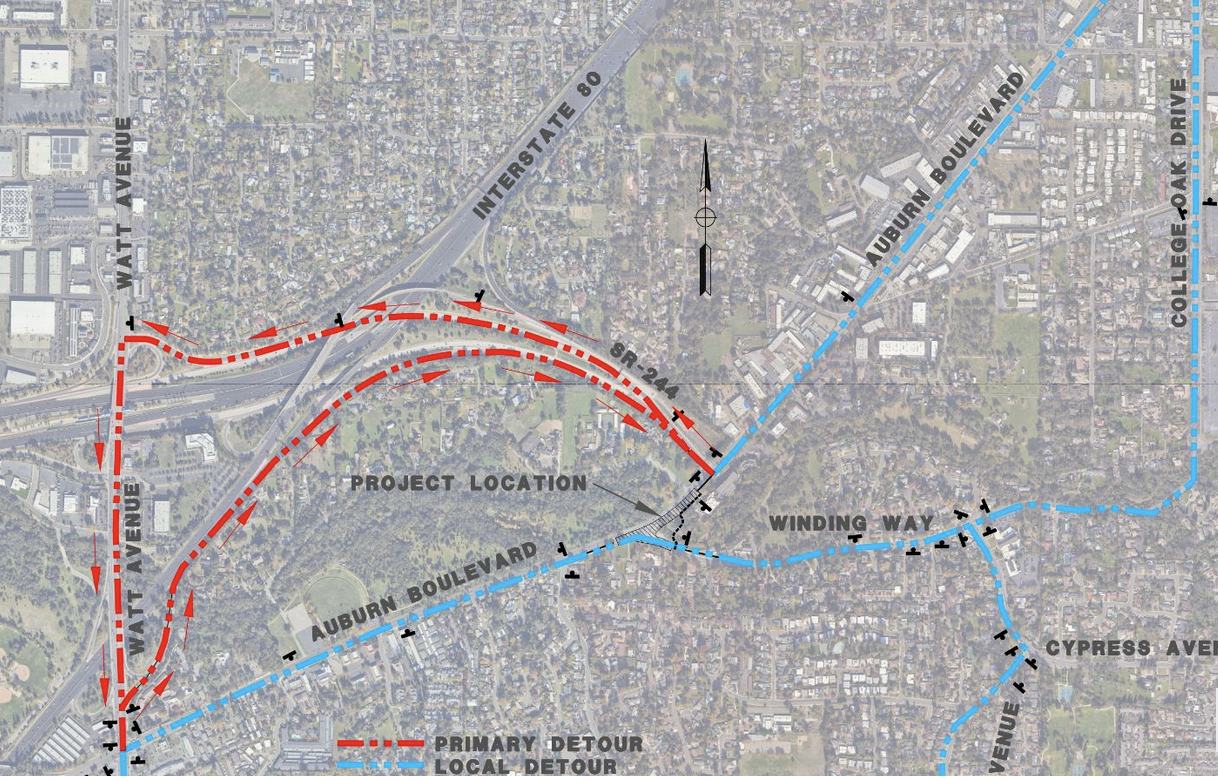 Map showing primary (red) and local (blue) detours around a project location near Interstate 80, SR 244, and Auburn Boulevard.