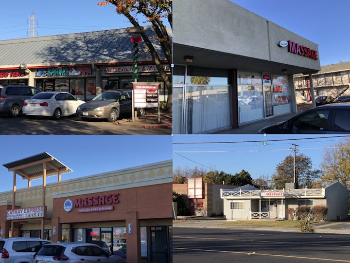 The image shows various massage businesses and spas, including signs for "Life Spring Spa" and other massage establishments.