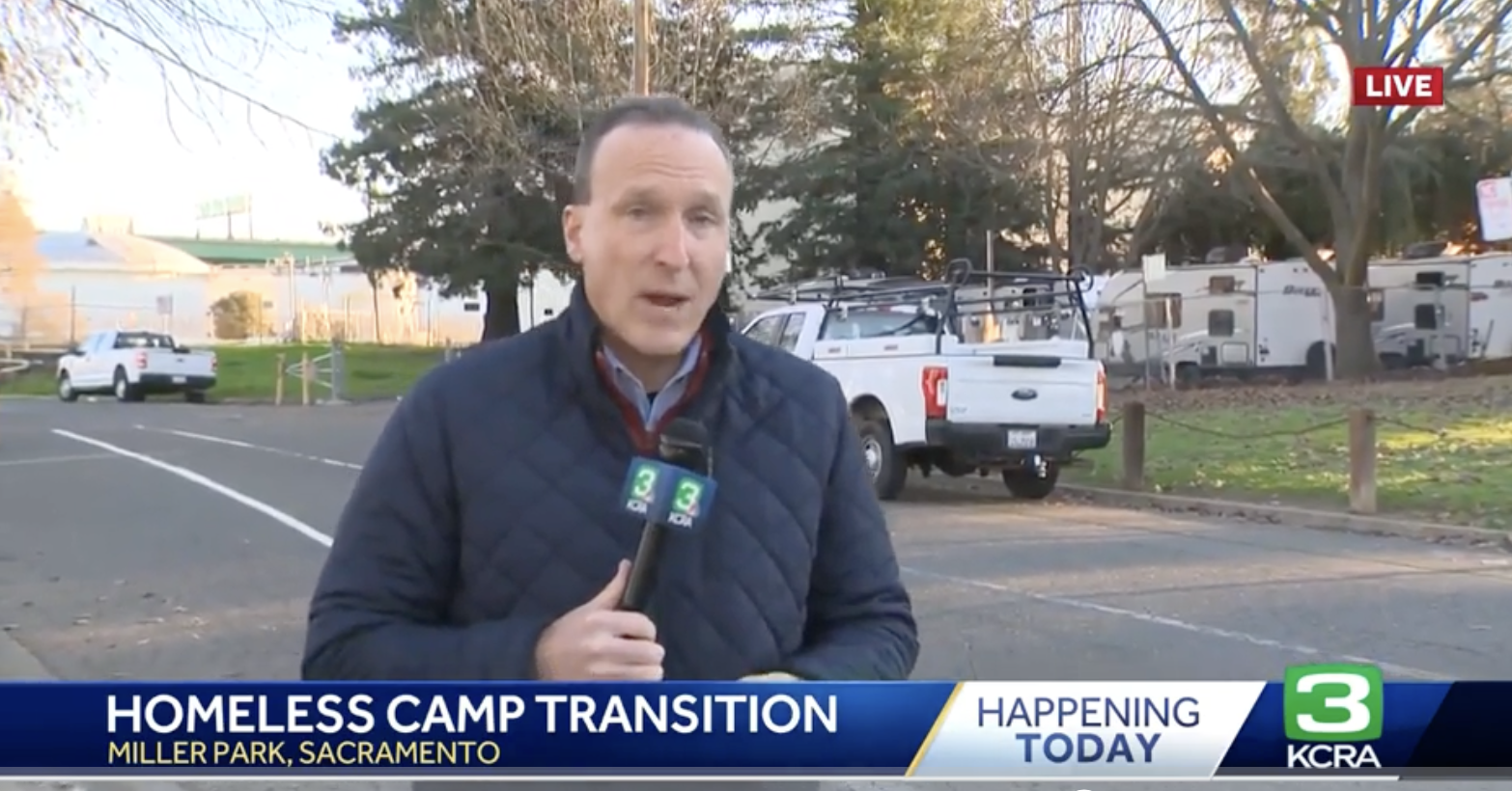 A reporter is live at Miller Park in Sacramento discussing the transition of a homeless camp.