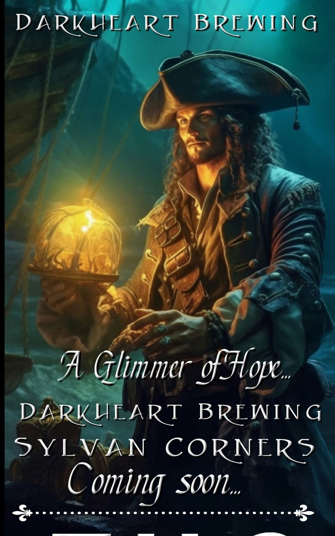 Pirate-themed ad with a man holding a glowing orb, for Darkheart Brewing's new site in Citrus Heights