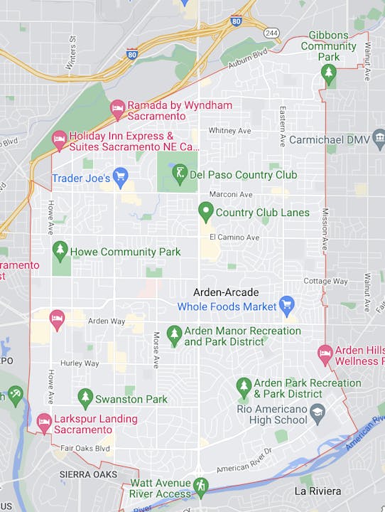 The image shows a map of Sacramento, highlighting parks, recreational areas, and local businesses like hotels and grocery stores.