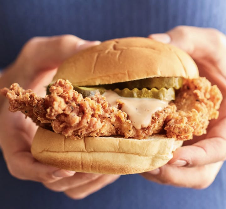A person holding a fried chicken sandwich with pickles and sauce in a bun.