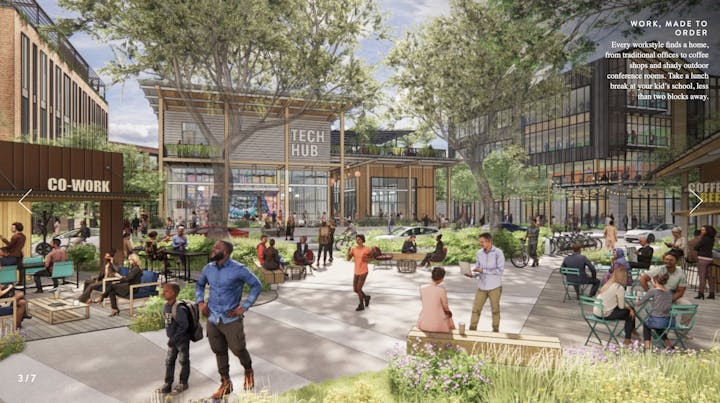 A vibrant communal space with people, outdoor seating, a tech hub, co-work area, and coffee shop.