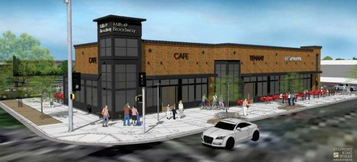 A modern brick corner building labeled "Café" and "Restaurant," with outdoor seating, people, and a nearby street.