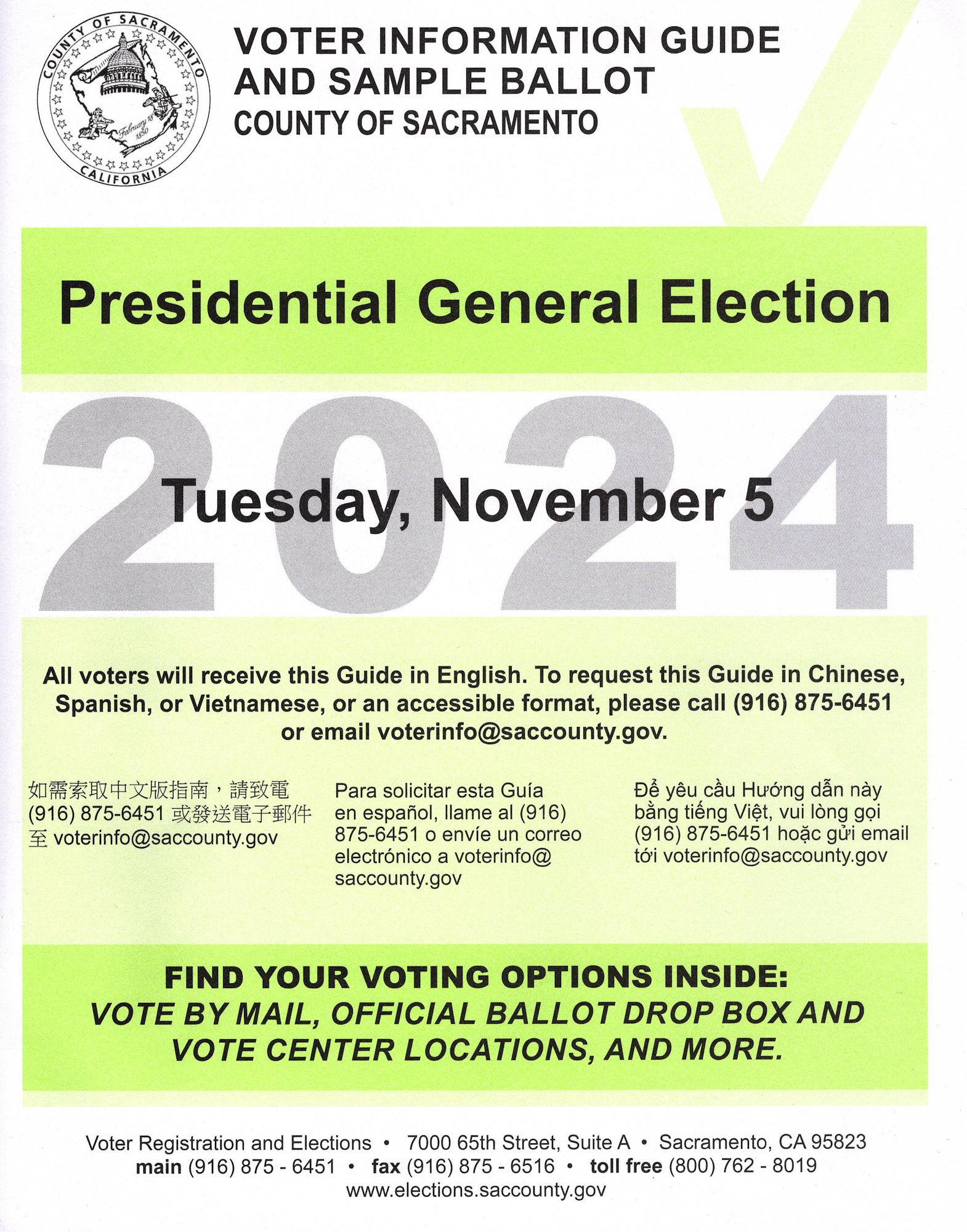 Sacramento County voter guide for a Presidential General Election with multilingual support info.