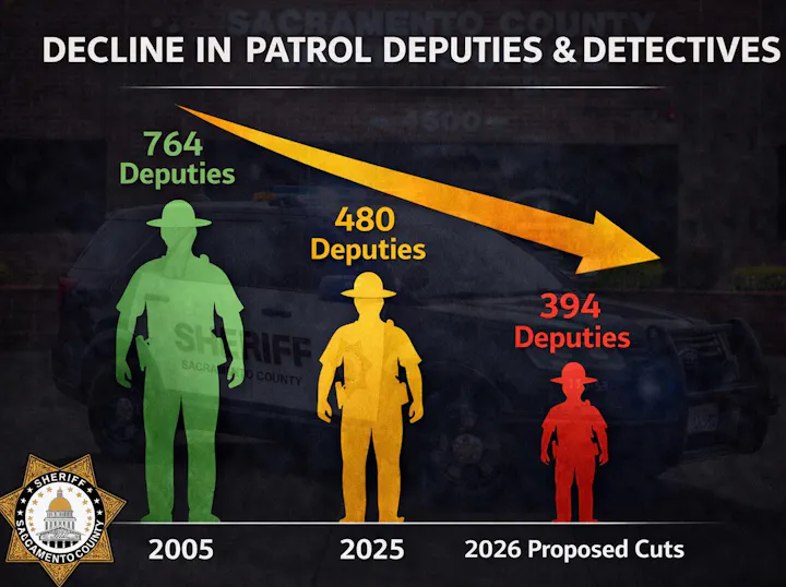 The image shows a decline in Sacramento County patrol deputies from 764 in 2005 to a proposed 394 by 2026.
