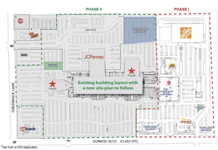 Mall layout with stores like JCPenney, Macy's, Home Depot, and eateries. Includes parking, multifamily housing, and event space.